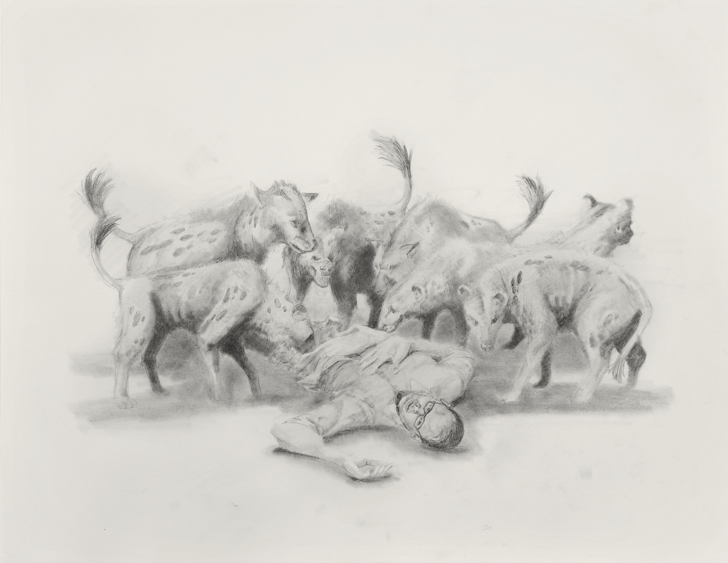 Neil Goldberg, *Hyenas and Jeff*, 2015. Graphite on paper