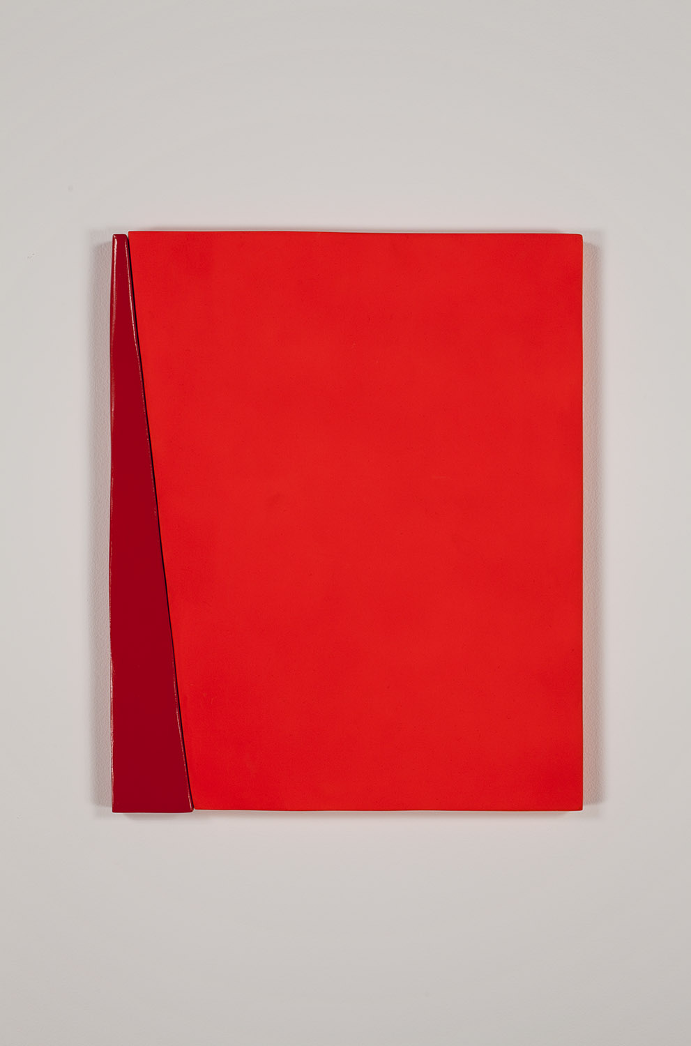 Sadie Benning,* Wipe, Rust-oleum Gloss Regal Red and Ace Fluorescent Sun Glow Orange*, 2010. Medite 2, spray paint, dowels, and plaster, 18 5/8 x 15 1/8 inches