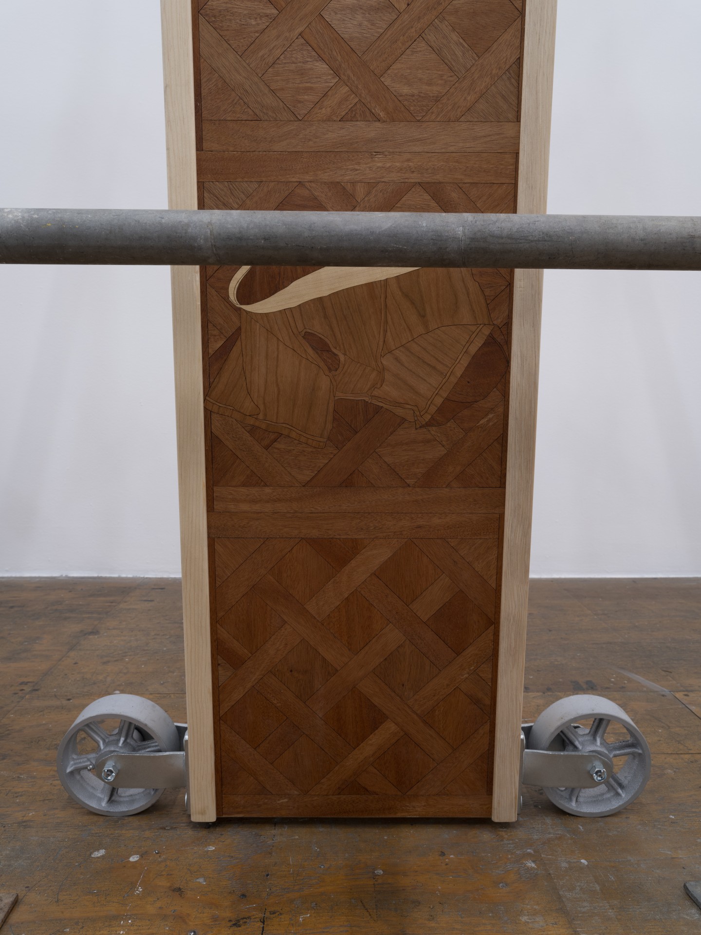 Anna Campbell,* Parquet de Versailles Tallboy*, 2022, 2x4s, pine molding, steel casters, MDF, mahogany, cherry, maple, and birch veneer, hardware. Photo: Daniel Kukla.