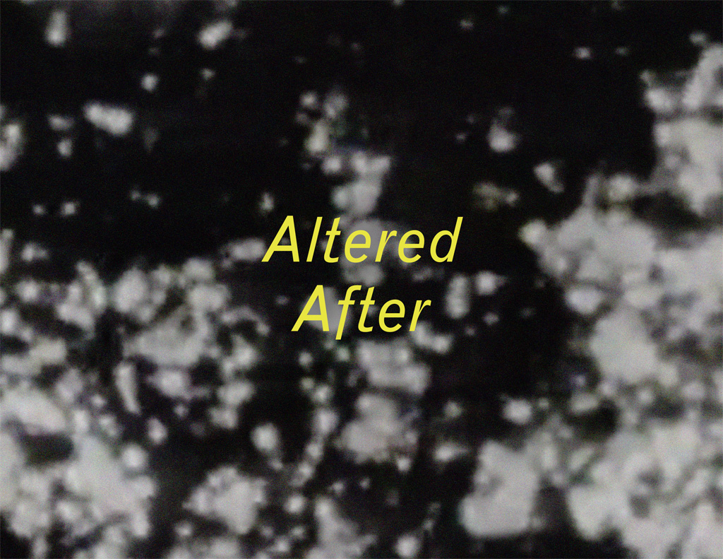 *Altered After* catalog cover (detail), designed by Jean Foos. Image: Leslie Kaliades, still from *Altered After*, 1997. Video, black and white, sound, 15:07 min