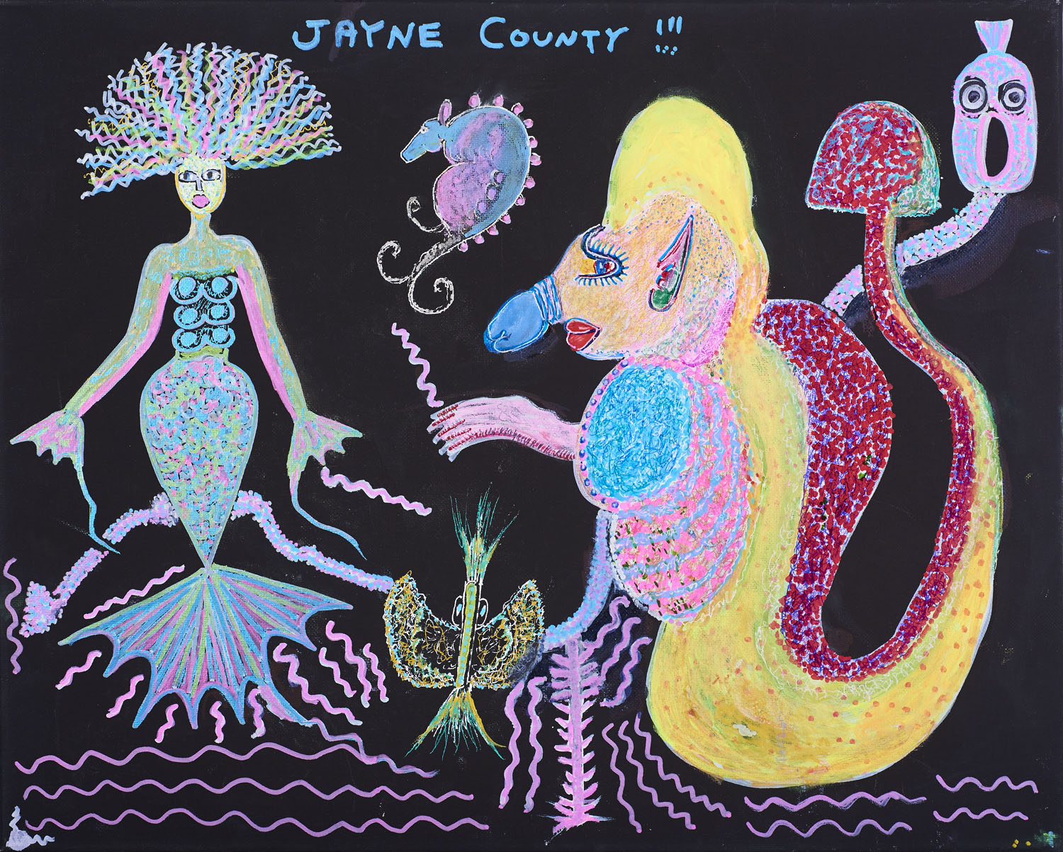 Jayne County, *Doogie and the Mermaid*, 2017. Acrylic and marker on canvas