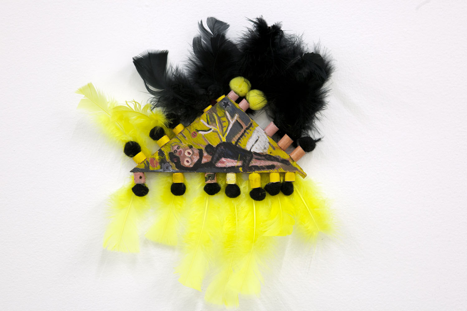 Ellen Cantor, *2 Edens*, ca. 1990. Oil on wood, feathers, pom poms, mixed media