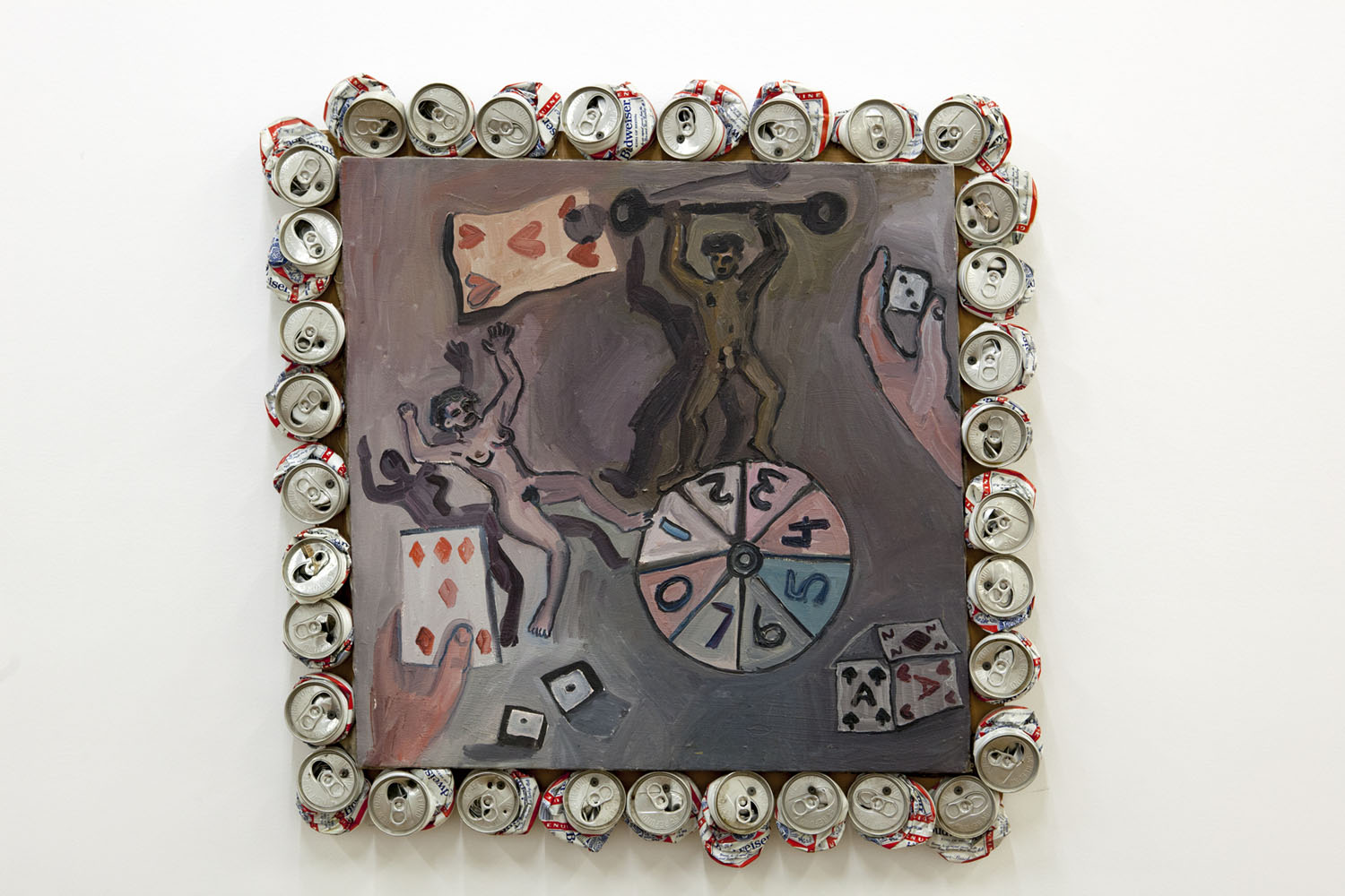 Ellen Cantor, Title Unknown, ca. 1990. Oil on wood, beer cans