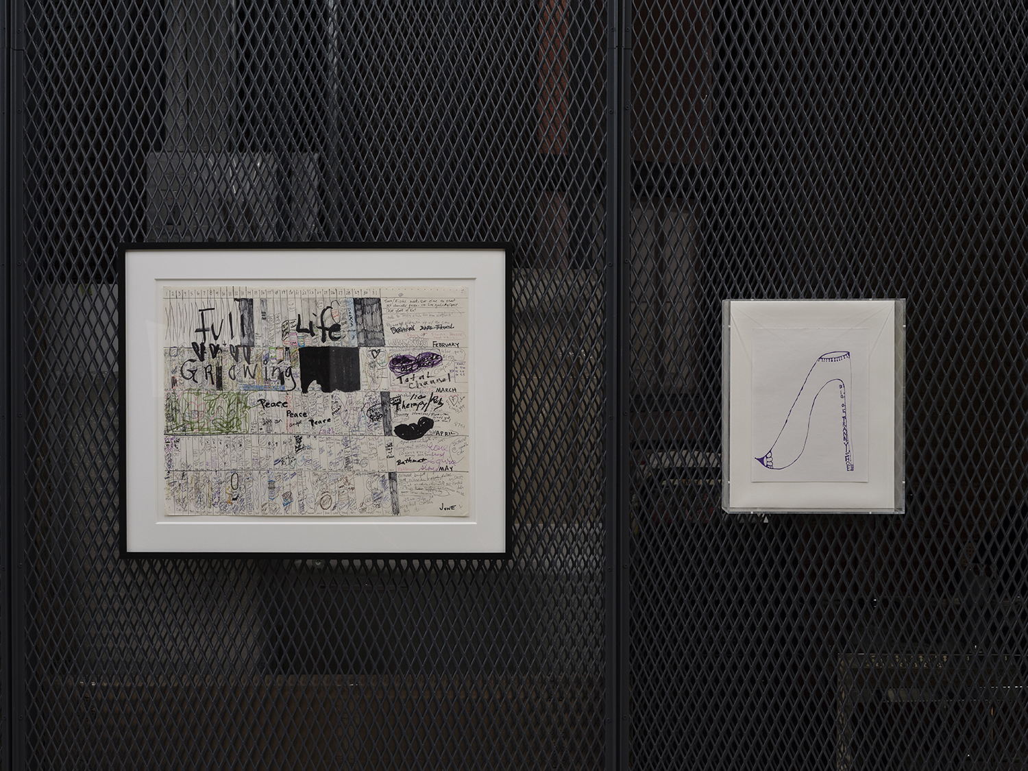 Chloe Dzublio, *The Prince George Drawings*, curated by Alex Fleming and Nia Nottage, installation view at Participant Inc, NYC, pictured (right to left): *Untitled (Big Ol’ Tranny Shoe)*, 2009, ink on paper, and *Untitled (Full Life Growing)*, 2009, ink on paper, Courtesy of NYU Special Collections. Photos by Studio Kukla