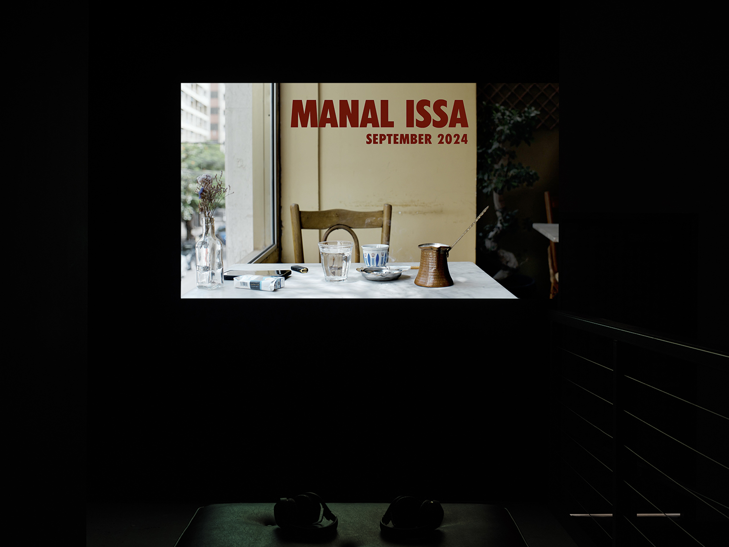 Elisabeth Subrin, <em>The Listening Takes / Manal Issa, 2024</em>, 2024, installation view; pictured <em>Manal Issa, 2024</em>, 10:00 minutes, HD video, sound, Photo: Daniel Kukla