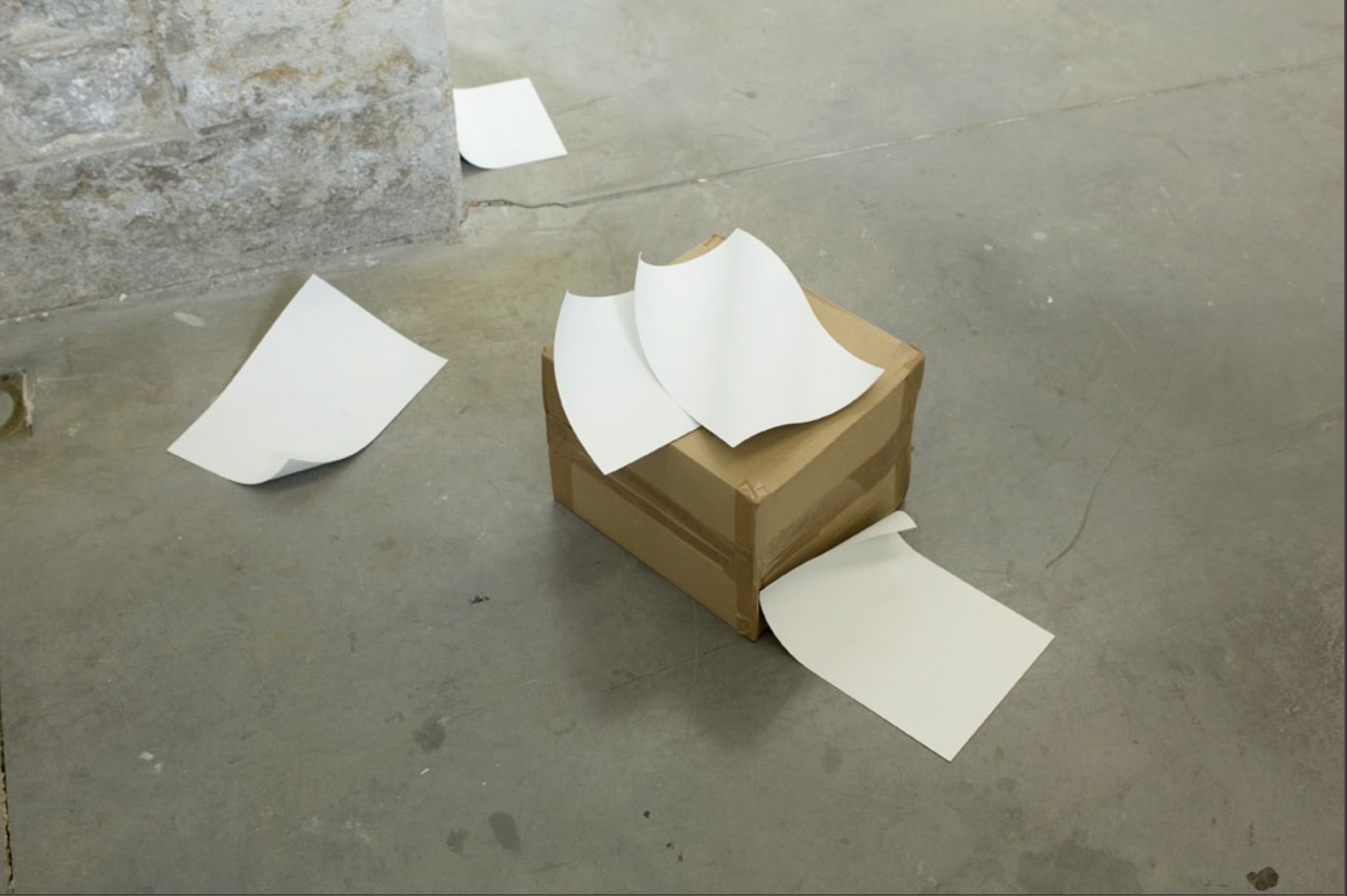 Jimmy Robert, Untitled (2005), A4-sized painted aluminum sheets and cardboard box. Collection of Hugo Brown. Exhibition view from Persona (2008) at the Parc Saint Léger – Centre d'art contemporain. Photo: Aurélien Mole © Parc Saint Léger