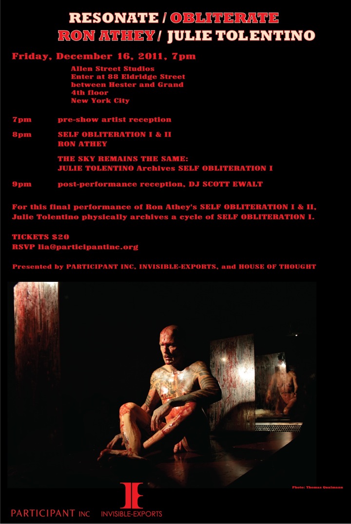 Ron Athey / Julie Tolentino, Resonate/Obliterate, Program Friday, December 16, 2011, 7 pm.