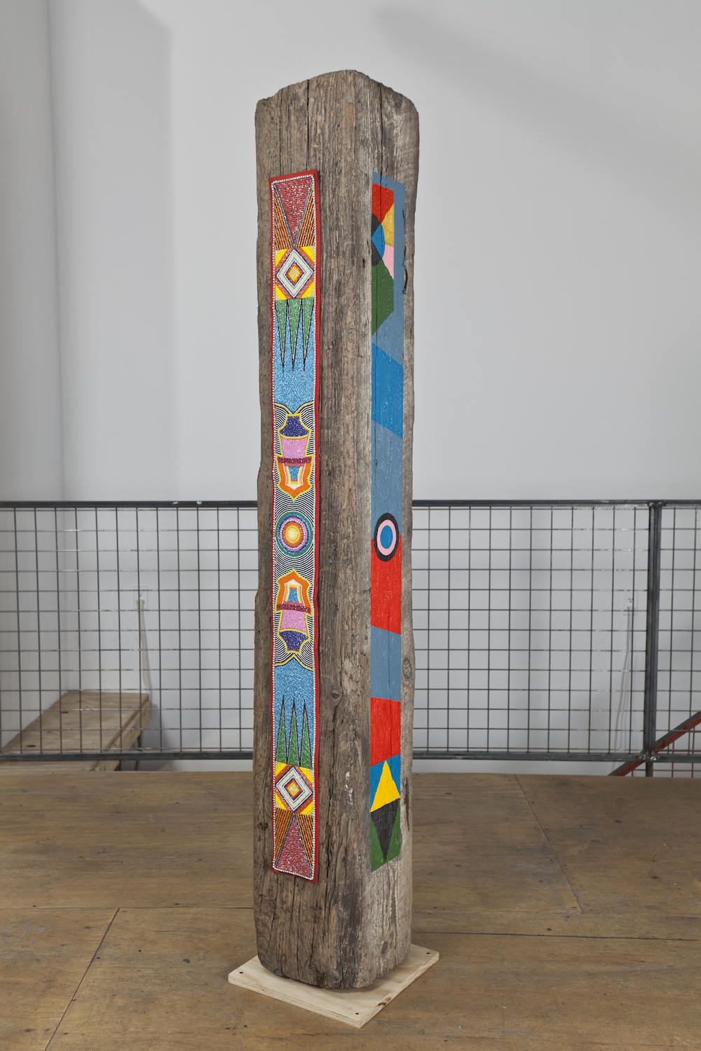 Jeffrey Gibson, *Column*, completed 2012. Beadwork by Whitney Minthorn, acrylic paint, recycled wooden construction barrier. Photo: Etienne Frossard